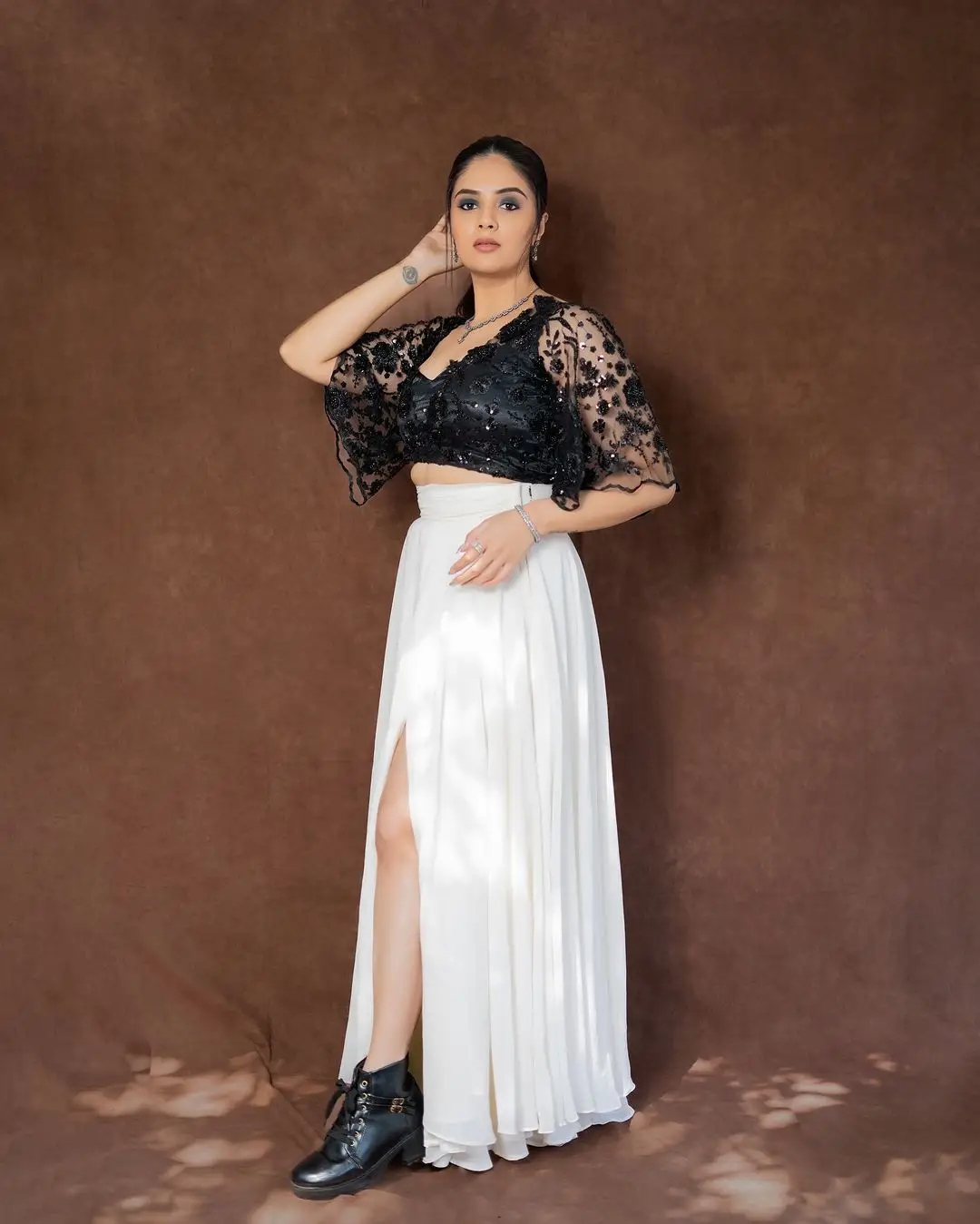 Maa TV Anchor Sreemukhi in White Lehenga Black Choli